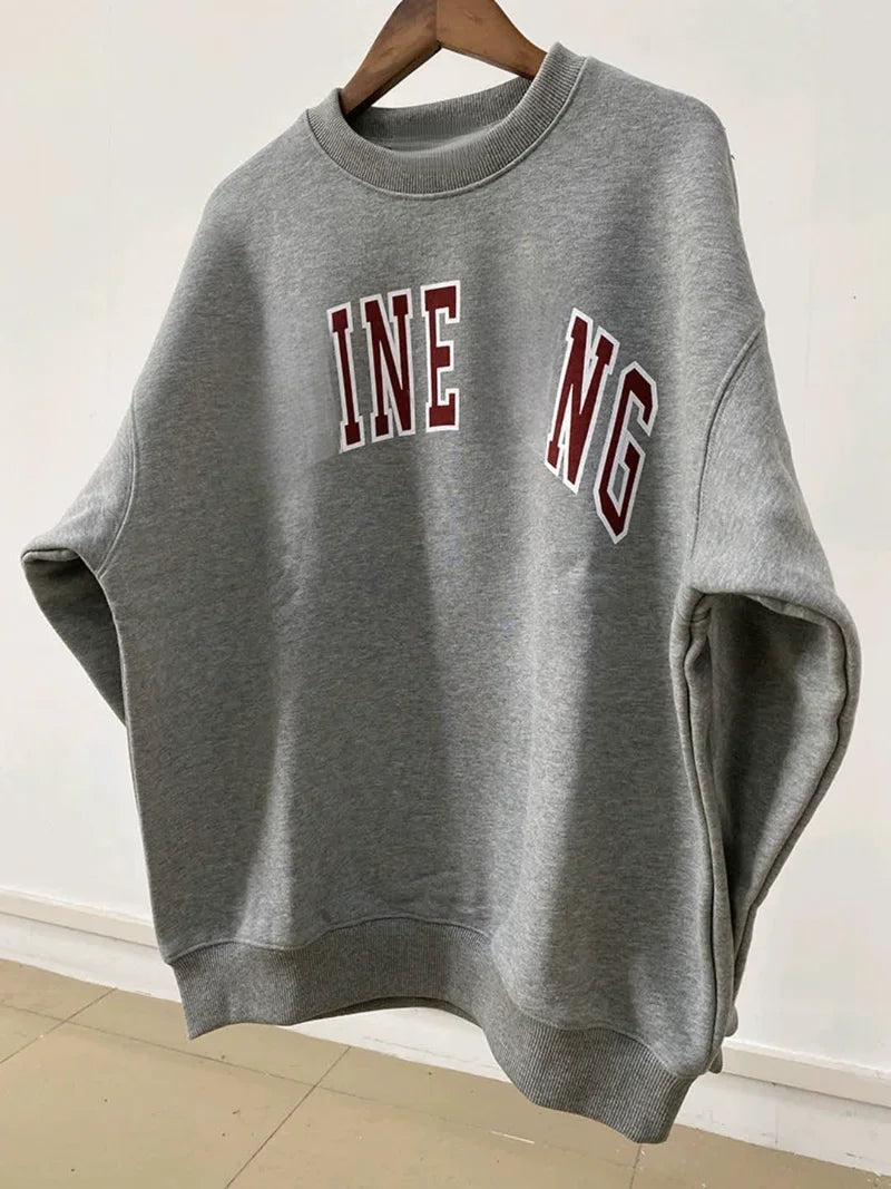 Women's sweatshirt for autumn and winter 2025, comfortable and casual round neck long sleeved gray warm pure cotton sportswear